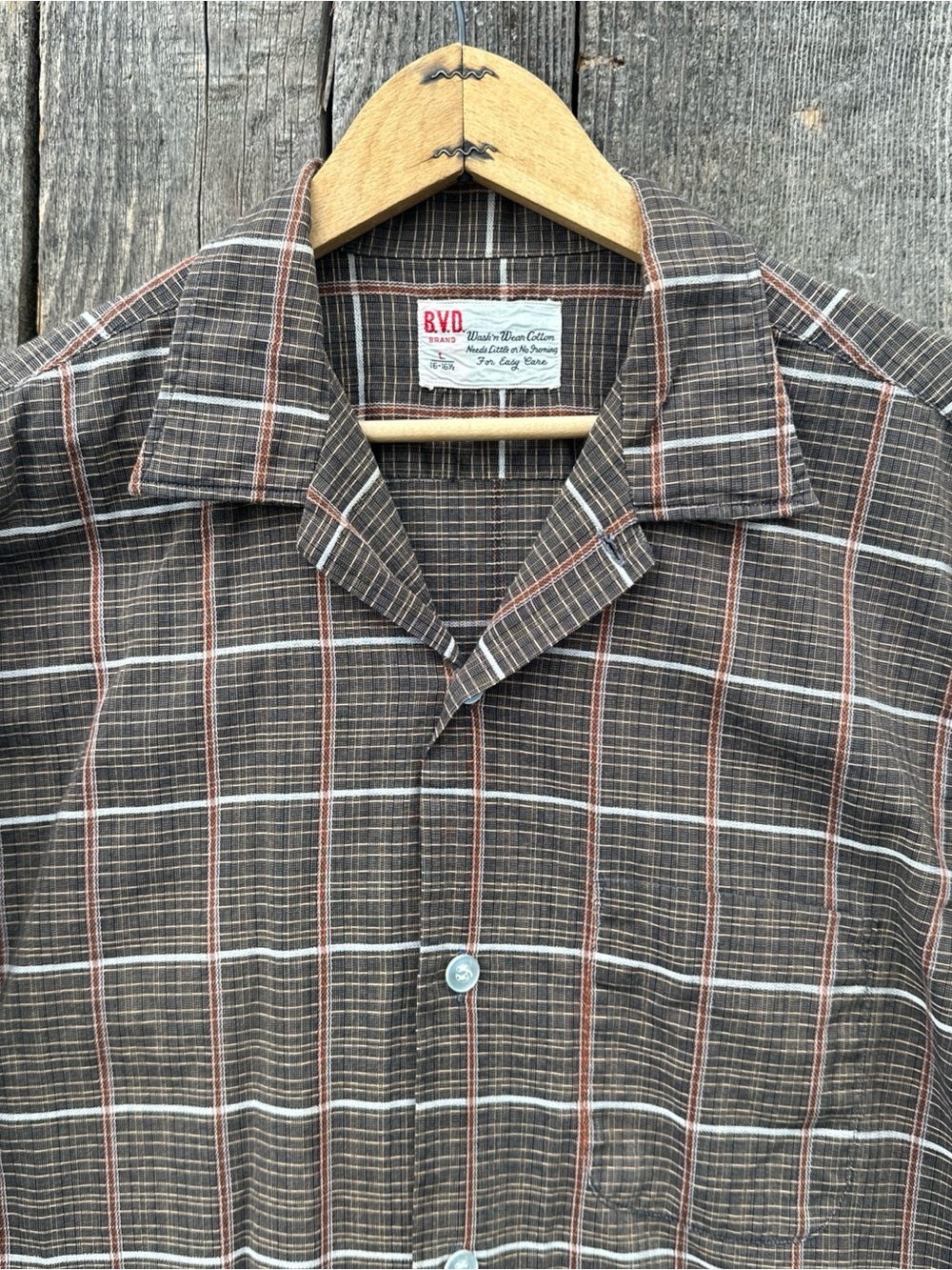 VTG 50s-60s B.V.D. Brand Grid Plaid Box Cut Sport Shirt Large 16-16 1/2 *WEAR*